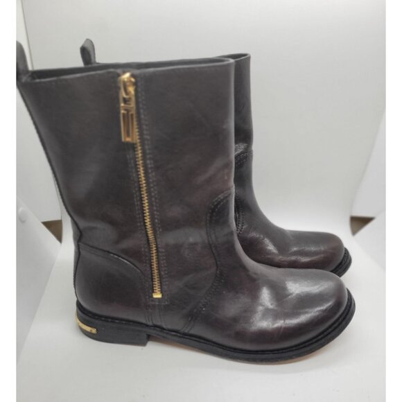 Tory Burch Shoes - Tory Burch Elyse Dark Brown Leather Mid Calf Boots Gold Zipper Heel Accent